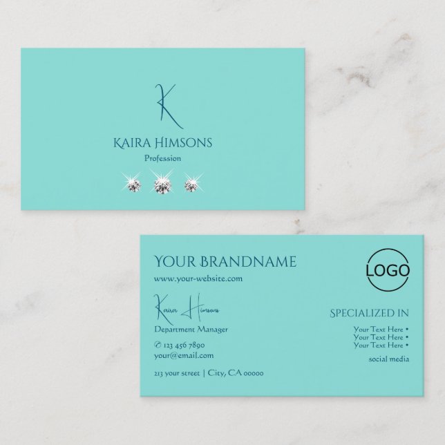 Chic Plain Teal with Monogram Logo and Glam Jewels Business Card (Front/Back)
