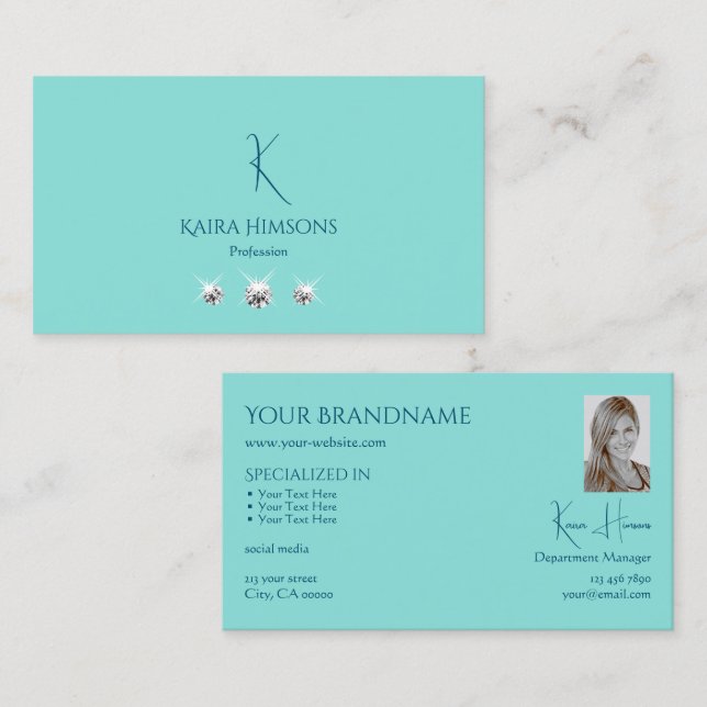 Chic Plain Teal with Monogram Photo and Jewels Business Card (Front/Back)
