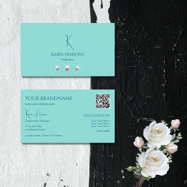 Chic Plain Teal with Monogram QR Code and Jewels Business Card (Creator Uploaded)