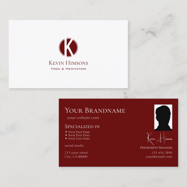Chic Plain White Wine Red with Monogram and Photo Business Card (Front/Back)
