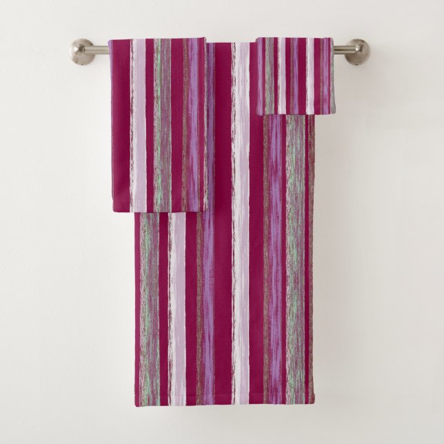 Chic Plum Pink Beach Hut Stripes Art by Heva Weva Bath Towel Set (Insitu)