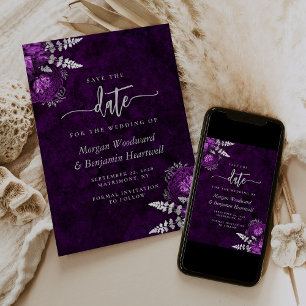 Chic Plum Silver Floral Wedding Save the Date Invitation