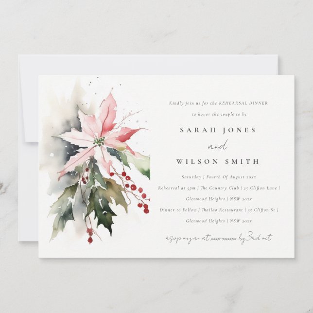 Chic Poinsettia Berries Foliage Rehearsal Dinner Invitation (Front)