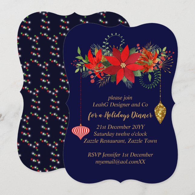 Chic Poinsettia Christmas Blue Red Gold Modern Invitation (Front/Back)