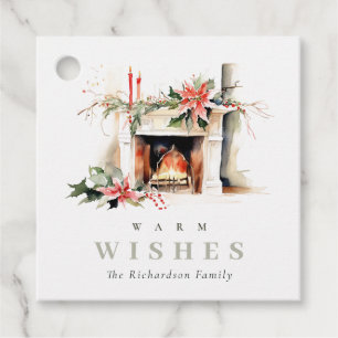 Chic Poinsettia Fireplace Warm Christmas Wishes Favour Tags