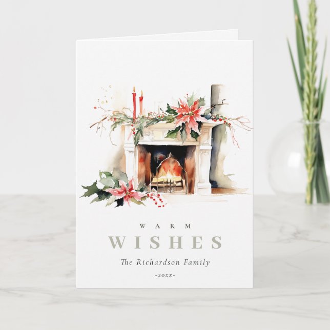 Chic Poinsettia Fireplace Warm Christmas Wishes Holiday Card (Front)