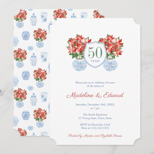 Chic Poinsettia Holidays Wedding Anniversary Party Invitation (Front/Back)