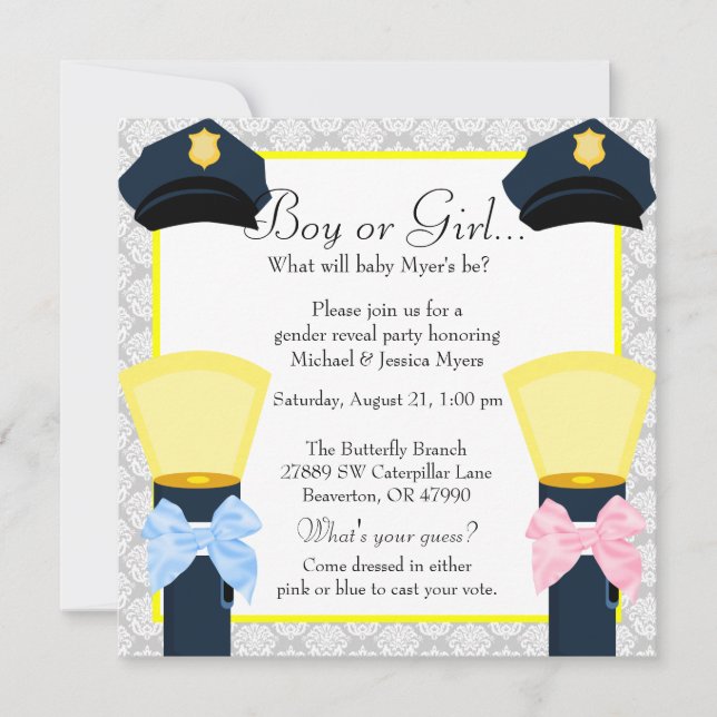 Chic Police Officer Badge Damask Gender Reveal Invitation (Front)