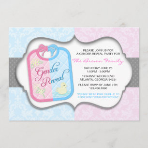 Chic Polka Dot Damask Baby Bib Gender Reveal Invitation