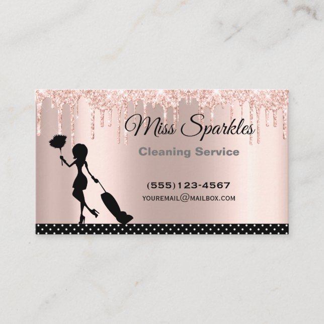 Chic Polka Dot Glitter Drip Maid Cleaning Services Business Card (Front)