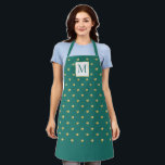 Chic Polka Dot Gold Hearts Monogram Turquoise Apron<br><div class="desc">Personalize with your monogram! This cute apron has your custom initials alongside a modern chic (printed) gold hearts polka dot pattern on turquoise.</div>
