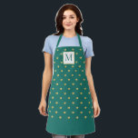 Chic Polka Dot Gold Hearts Monogram Turquoise Apron<br><div class="desc">Personalize with your monogram! This cute apron has your custom initials alongside a modern chic (printed) gold hearts polka dot pattern on turquoise.</div>