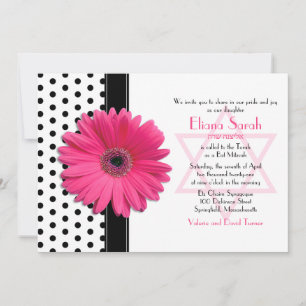 Chic Polka Dot Pink Daisy Bat Mitzvah Invitation