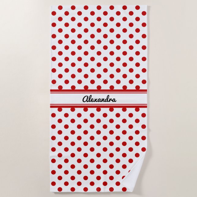 Chic Polka Dot Red White Background Beach Towel (Front)