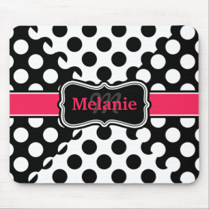 Chic Polka Dots Hot Pink Black White Custom Name Mouse Mat