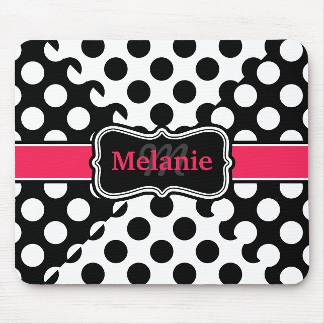 Chic Polka Dots Hot Pink Black White Custom Name Mouse Mat (Front)