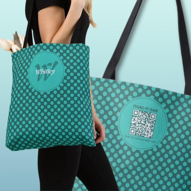 Chic Polka Dots Theme Smart Dynamic QR Code Tote Bag (Chic Polka Dots Theme Smart Dynamic QR Code Tote Bag Front Monogram & Name)