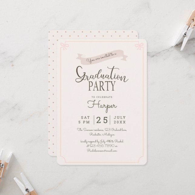 chic Polkadot vintage graduation party Invitation (Front/Back In Situ)