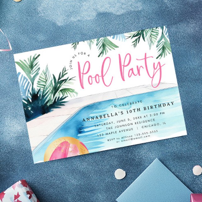 Chic pool birthday party modern watercolor  invitation (Creator Uploaded)