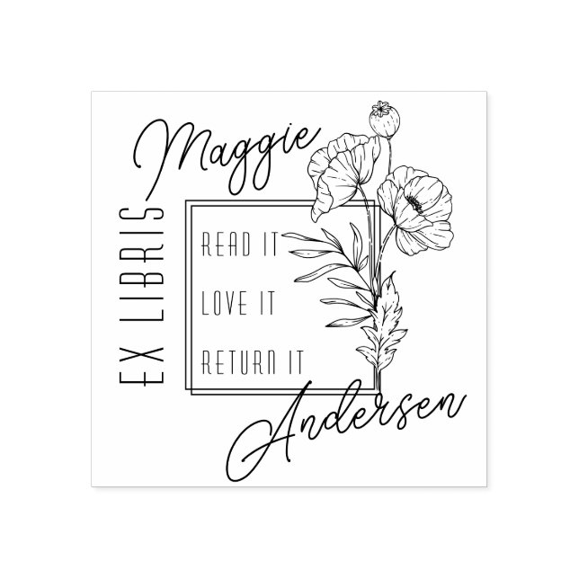 Chic Poppies | Custom Name Ex Libris Book Plate Rubber Stamp (Imprint)