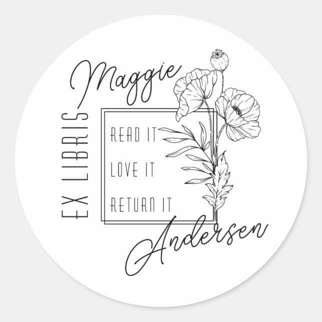 Chic Poppies | Custom Name Ex Libris Bookplate Classic Round Sticker (Front)