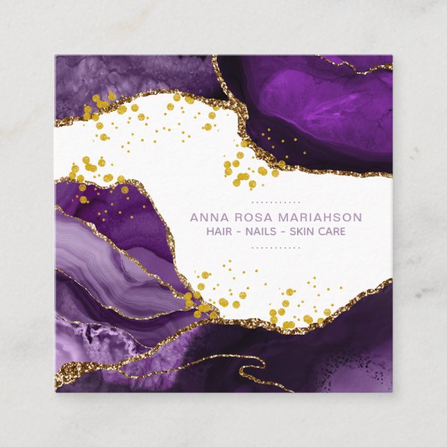 *~* Chic Popular Gold Glitter Purple Agate Hair Square Business Card (Front)