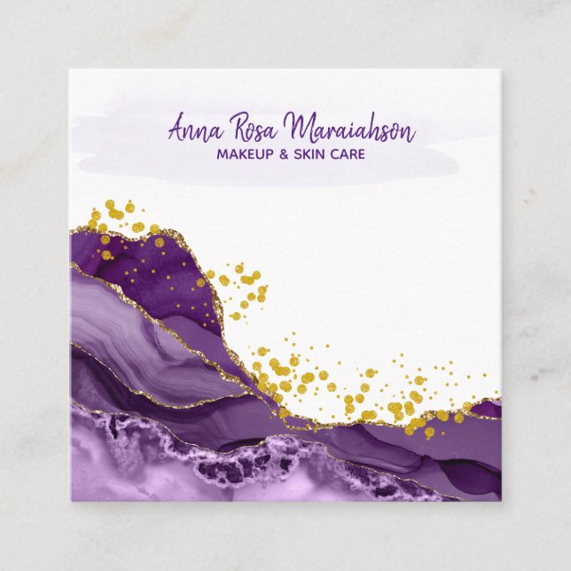 *~* Chic Popular Gold Glitter Purple Geode Agate Square Business Card (Front)