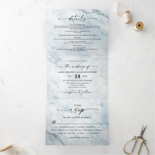 Chic Powder Blue Marble with Silver Foil Wedding Tri-Fold Invitation