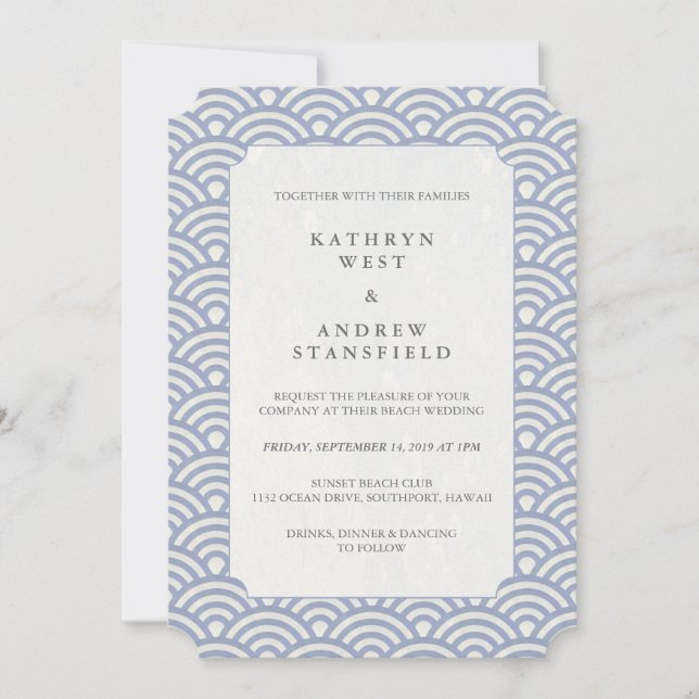 Chic Powder Blue Stylised Waves Beach Wedding Invitation (Front)