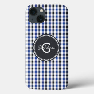 chic preppy blue black gingham pattern monogram iPhone 13 case