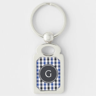 chic preppy blue black gingham pattern monogram key ring