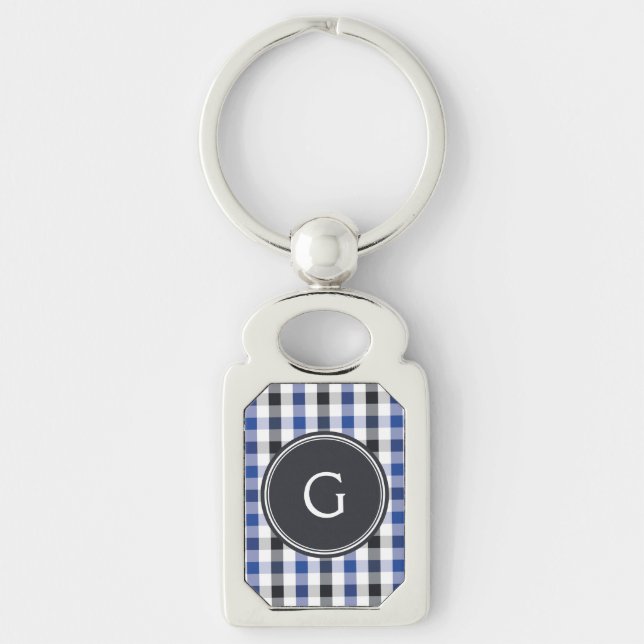 chic preppy blue black gingham pattern monogram key ring (Front)