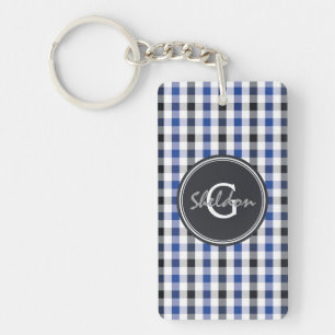 chic preppy blue black gingham pattern monogram key ring