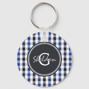 chic preppy blue black gingham pattern monogram key ring