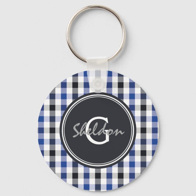 chic preppy blue black gingham pattern monogram key ring (Front)