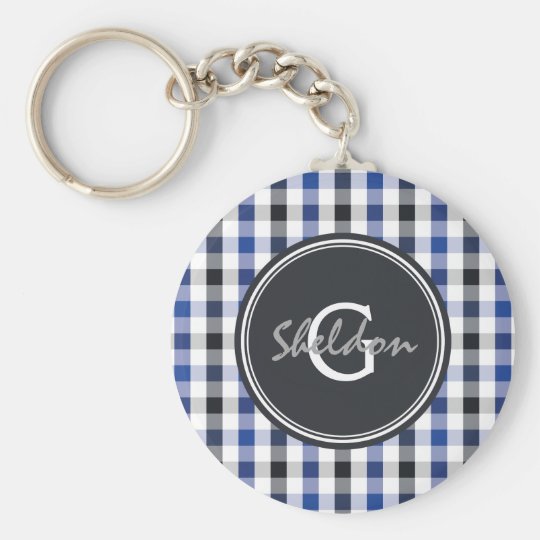chic preppy blue black gingham pattern monogram key ring