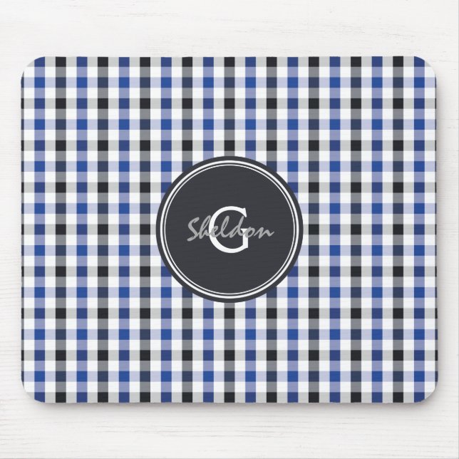 chic preppy blue black gingham pattern monogram mouse mat (Front)