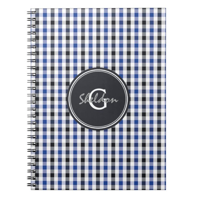 chic preppy blue black gingham pattern monogram notebook (Front)