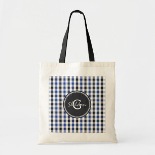 chic preppy blue black gingham pattern monogram tote bag
