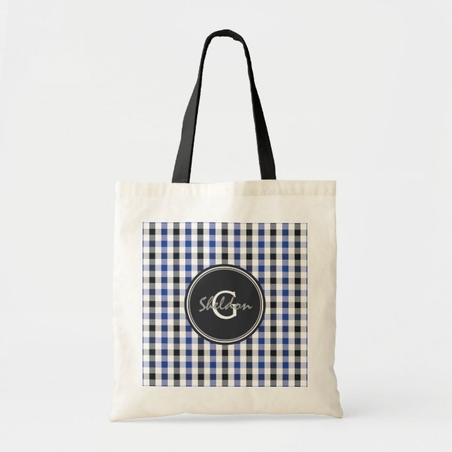 chic preppy blue black gingham pattern monogram tote bag (Front)