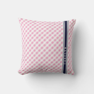 chic preppy pink navy gingham pattern monogram cushion