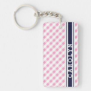 chic preppy pink navy gingham pattern monogram key ring