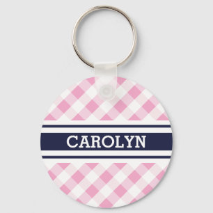 chic preppy pink navy gingham pattern monogram key ring