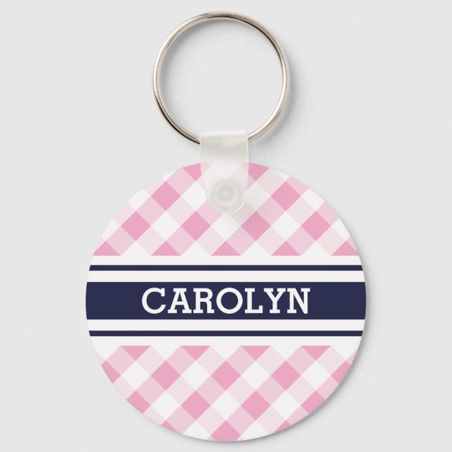 chic preppy pink navy gingham pattern monogram key ring (Front)