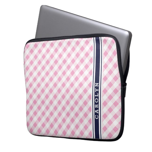 chic preppy pink navy gingham pattern monogram laptop sleeve (Front Left)