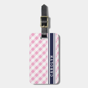 chic preppy pink navy gingham pattern monogram luggage tag