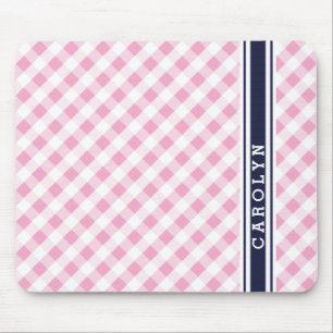 chic preppy pink navy gingham pattern monogram mouse mat