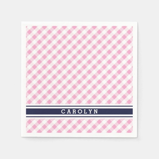 chic preppy pink navy gingham pattern monogram napkin (Front)