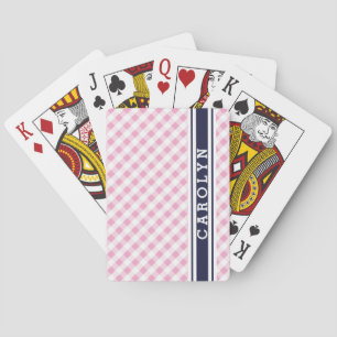 chic preppy pink navy gingham pattern monogram playing cards