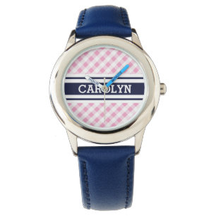 chic preppy pink navy gingham pattern monogram watch